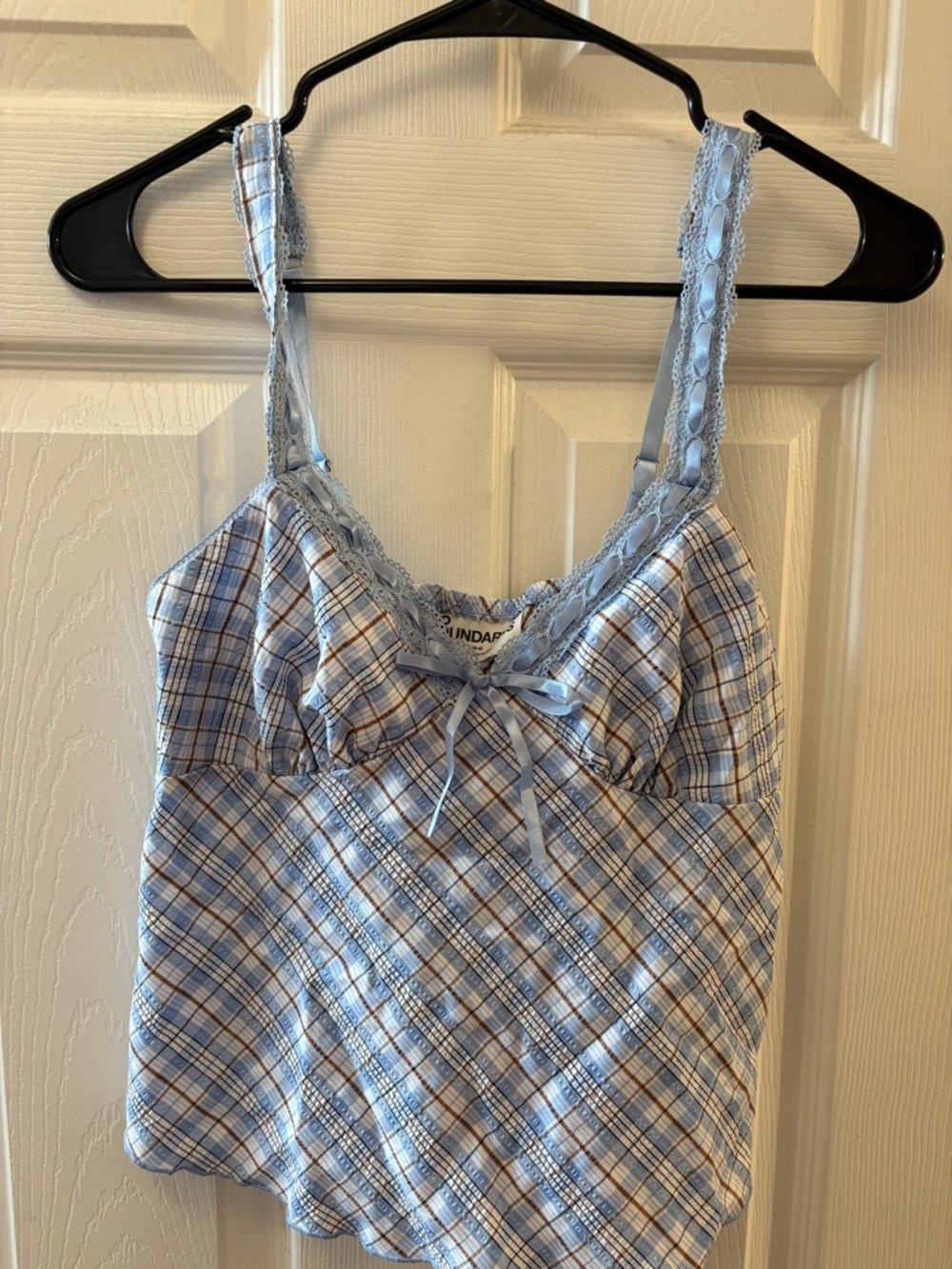 No Boundaries Blue Plaid Lace-Trim Camisole